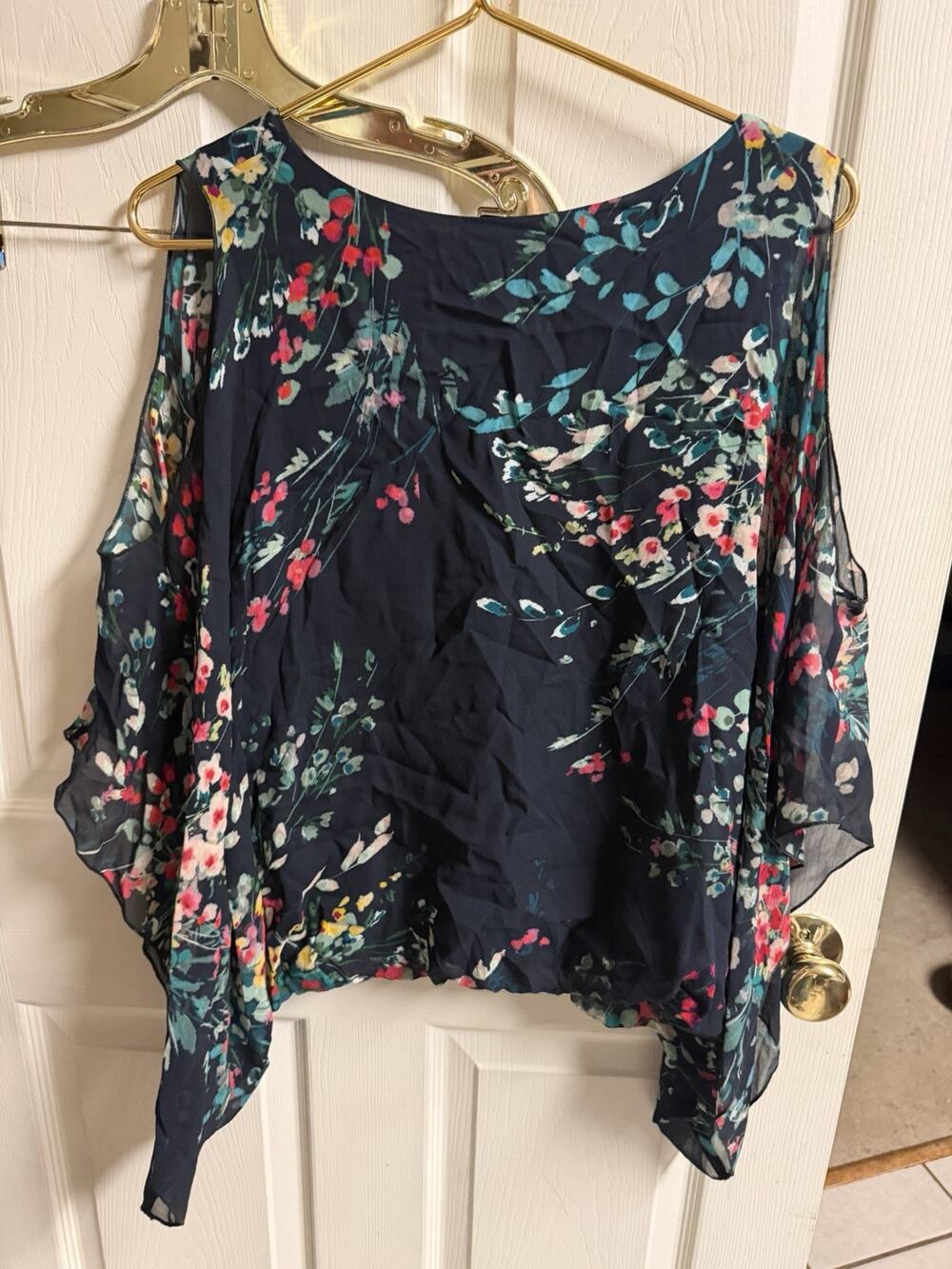 Karen Kane Scarf Blouse Floral Women’s Large Cold Shoulder Boho Med 48x24 New